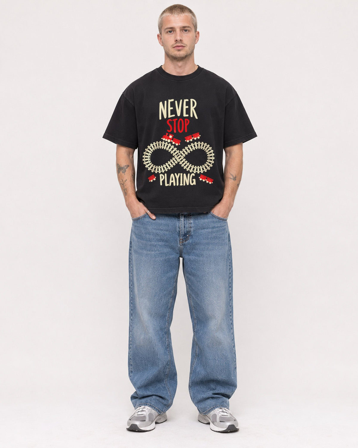 Mockup Boxy Heavyweight Tee Black male full-body 18