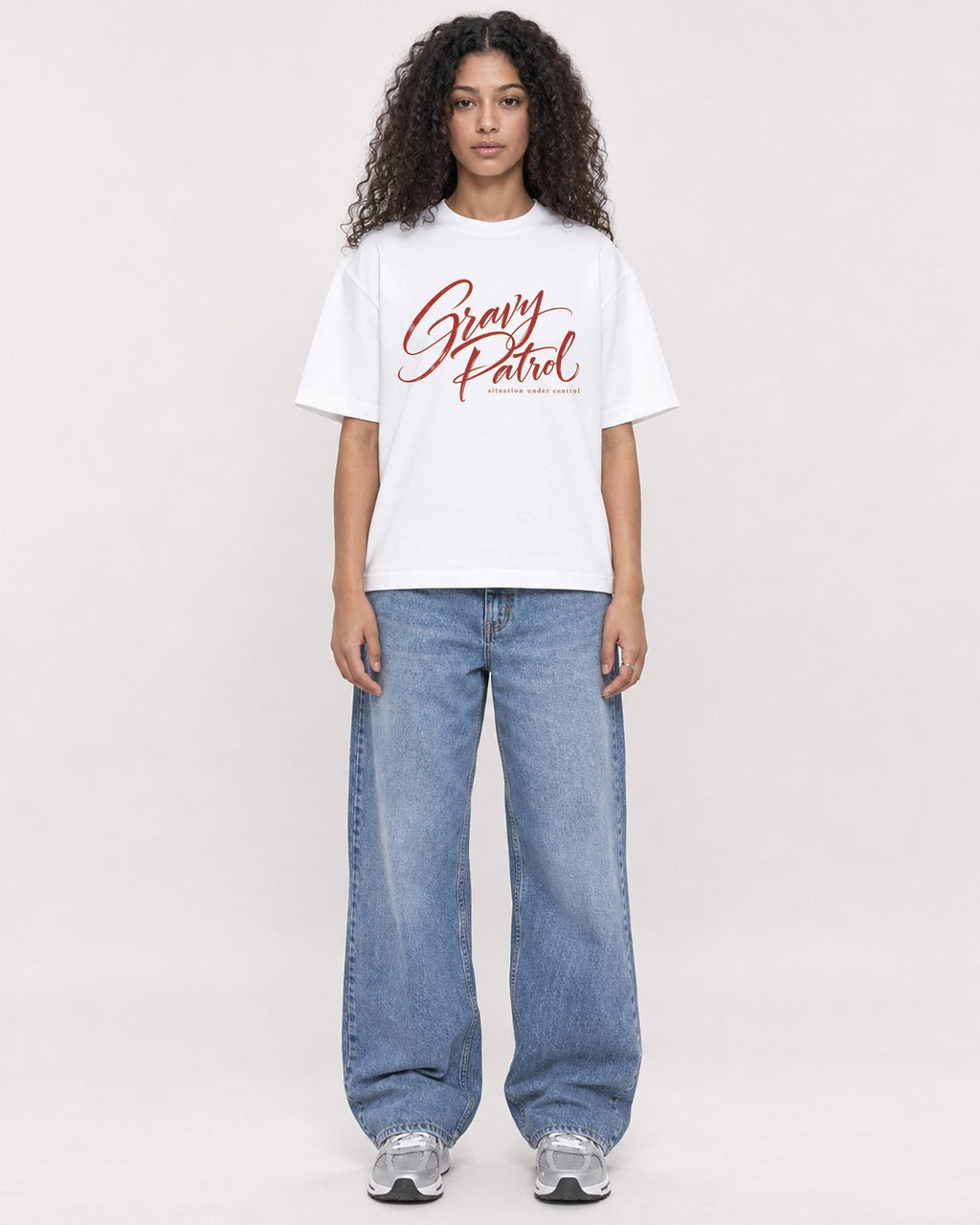 Mockup Boxy Heavyweight Tee White female full-body 10