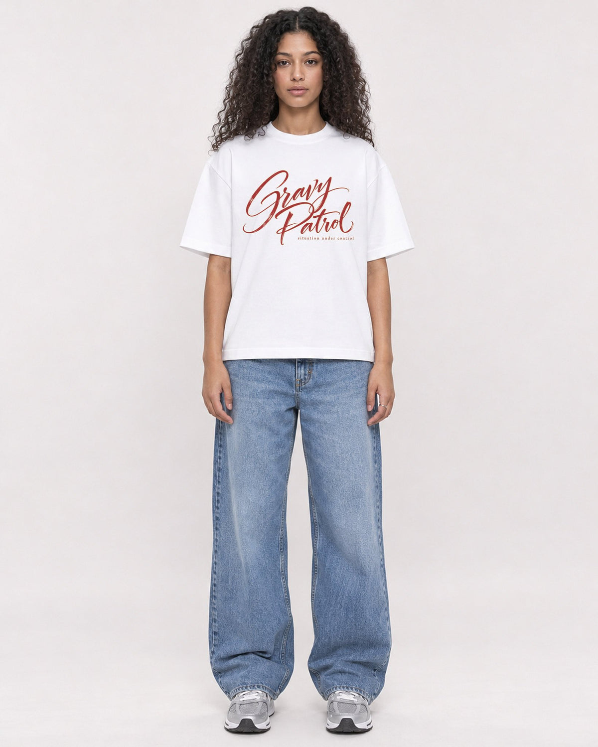 Mockup Boxy Heavyweight Tee White female full-body 10