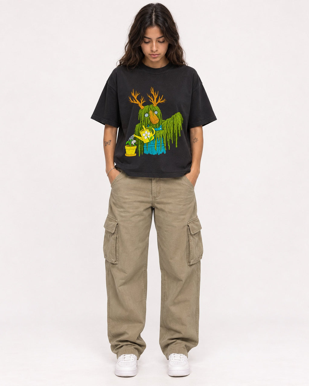 Mockup Boxy Heavyweight Tee Black female full-body 06