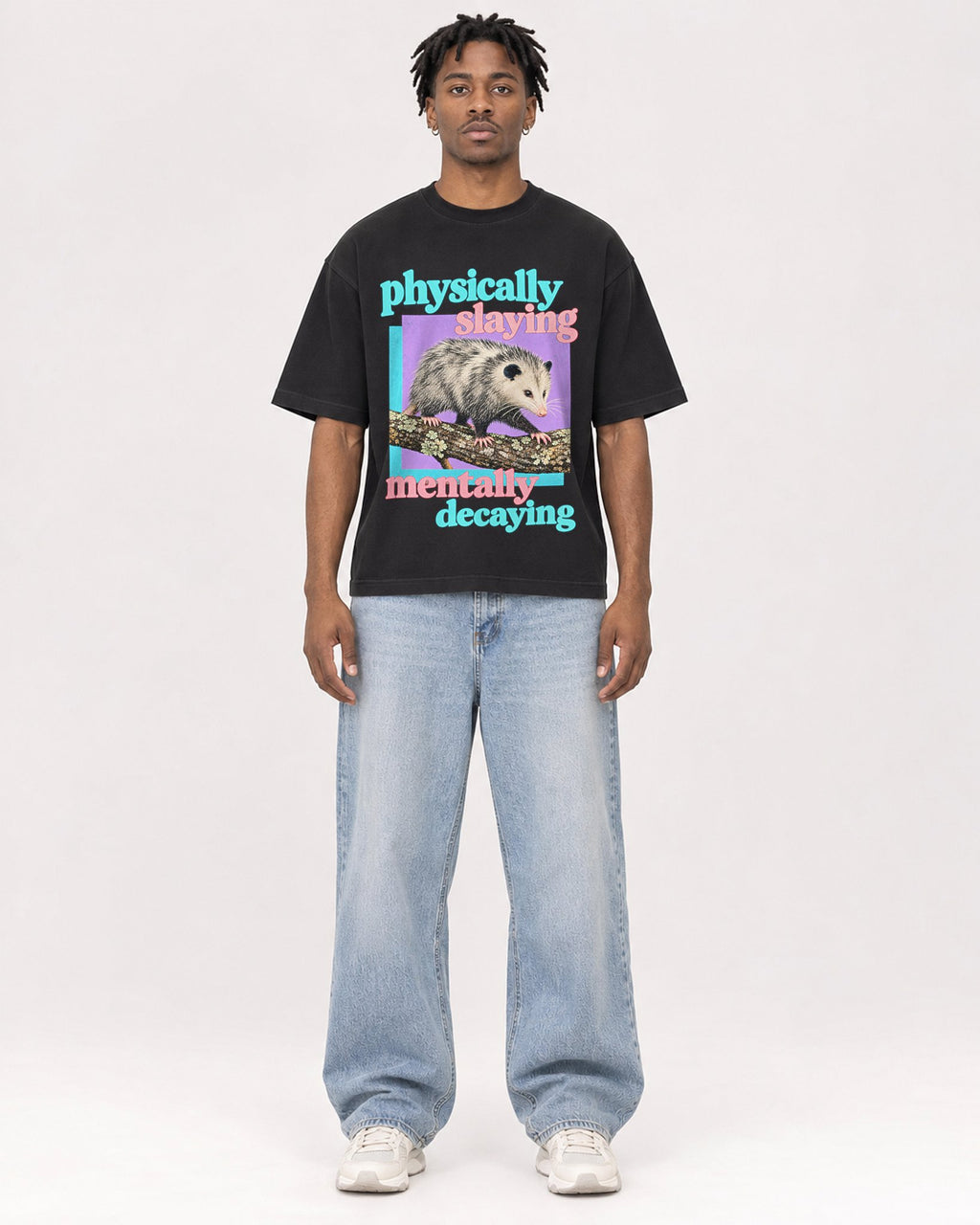 Mockup Boxy Heavyweight Tee Black male full-body 05