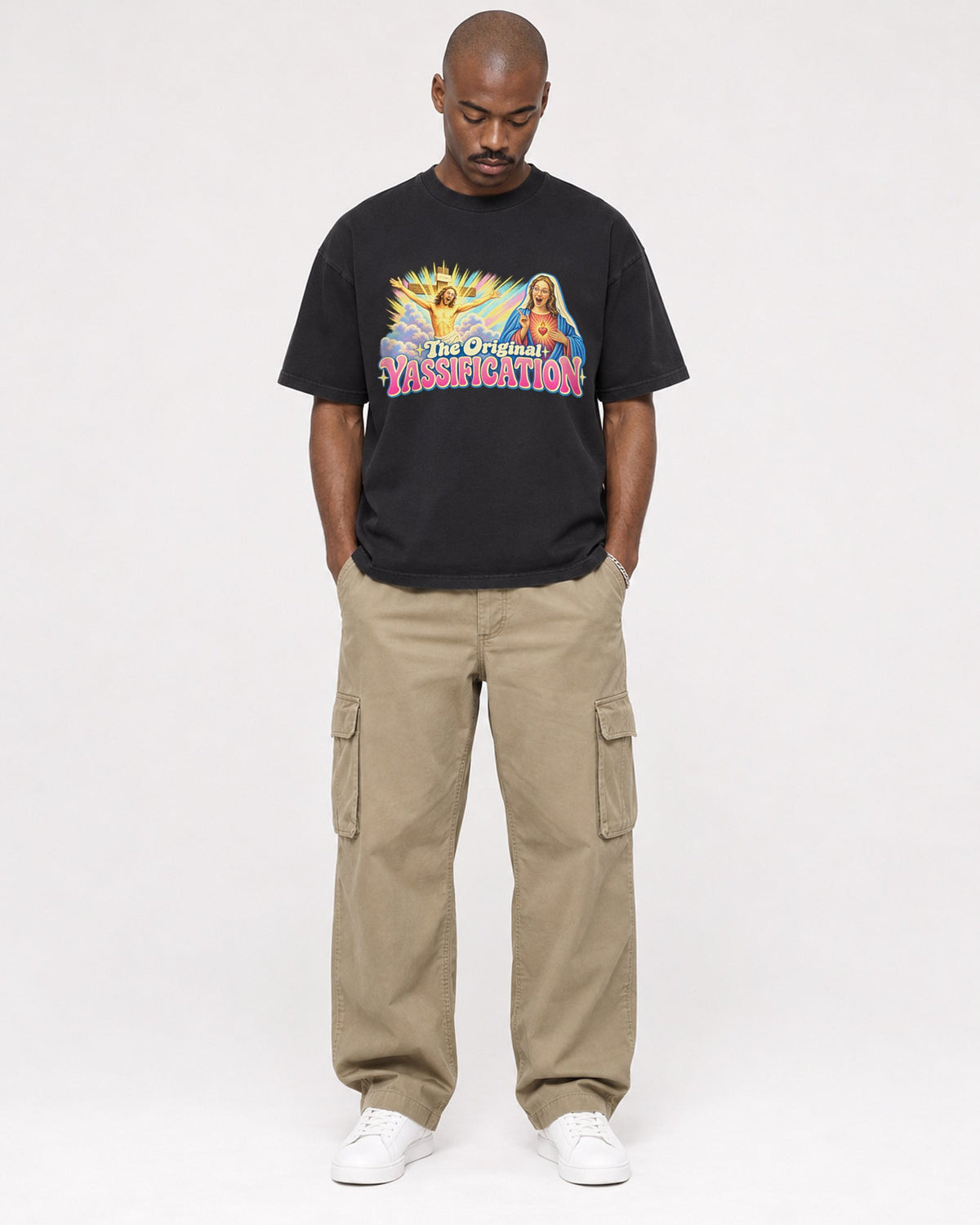 Mockup Boxy Heavyweight Tee Black male full-body 44