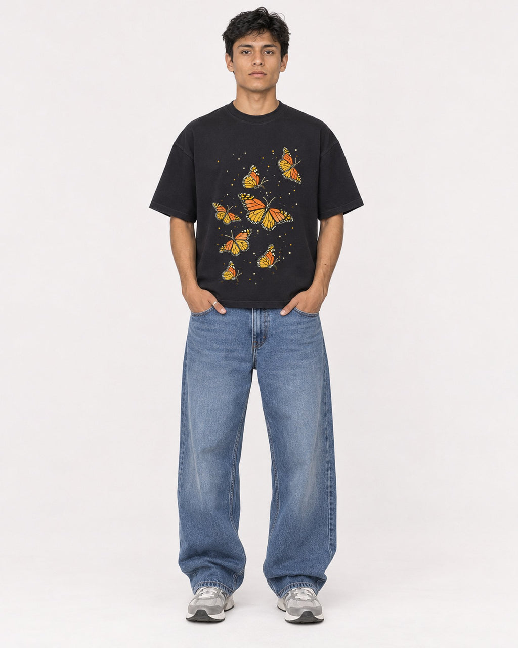 Mockup Boxy Heavyweight Tee Black male full-body 46