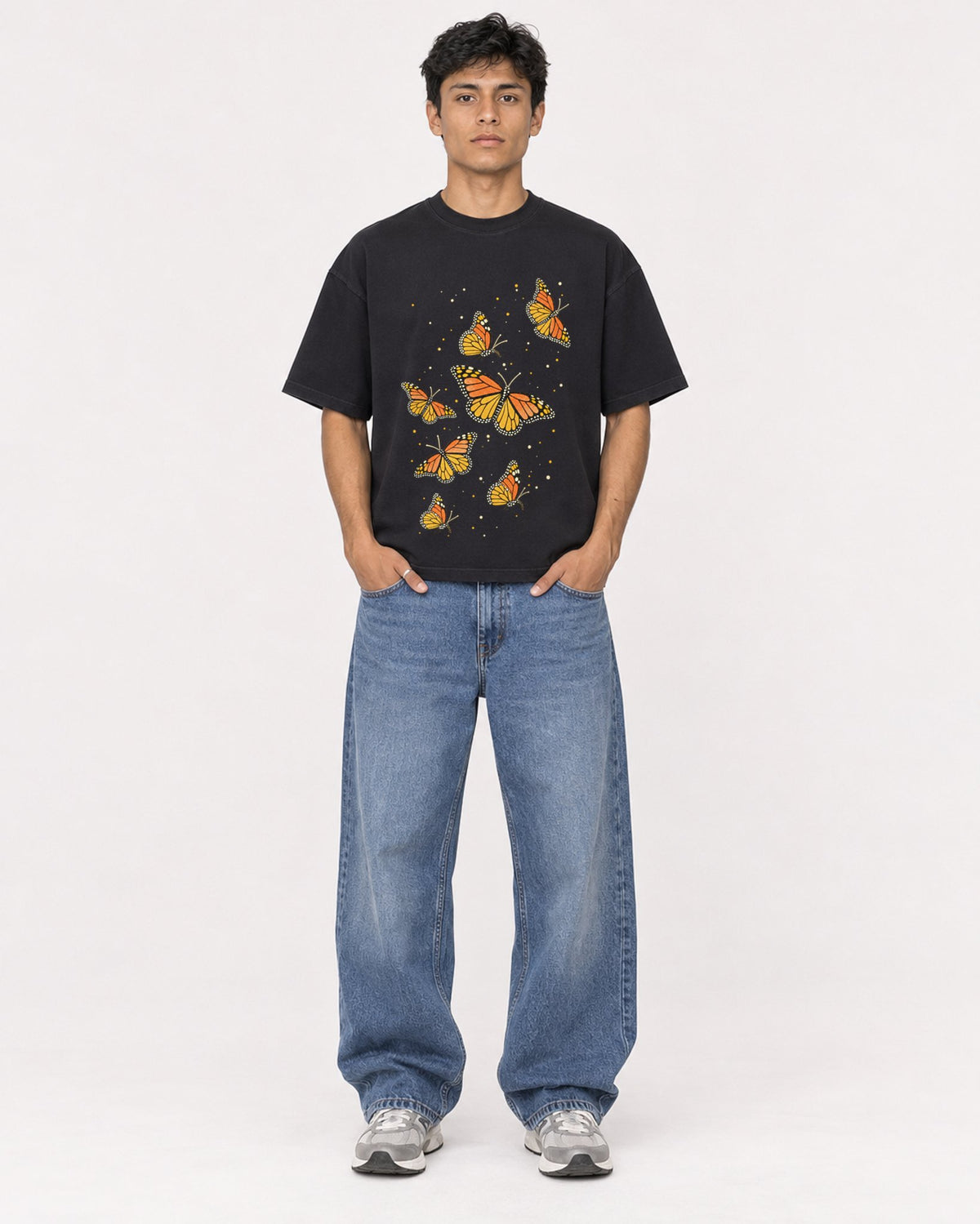 Mockup Boxy Heavyweight Tee Black male full-body 46