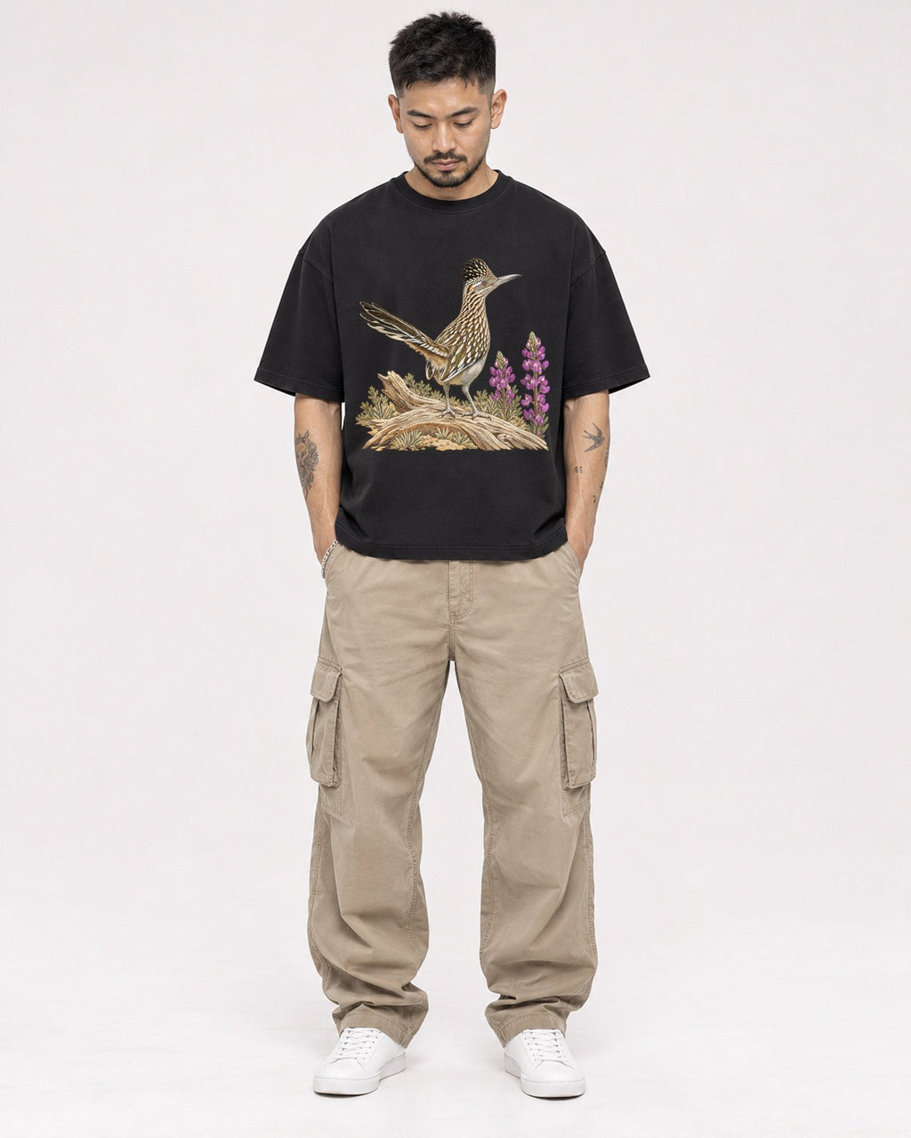 Mockup Boxy Heavyweight Tee Black male full-body 12