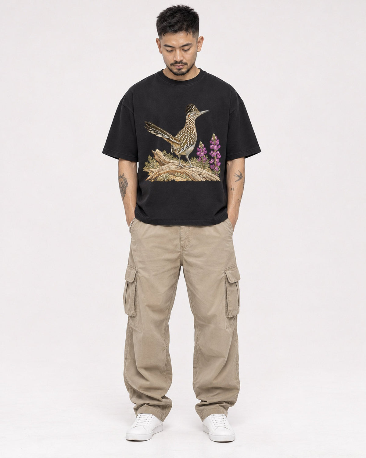 Mockup Boxy Heavyweight Tee Black male full-body 12