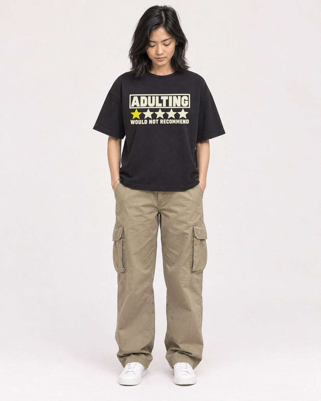 Mockup Boxy Heavyweight Tee Black female full-body 22