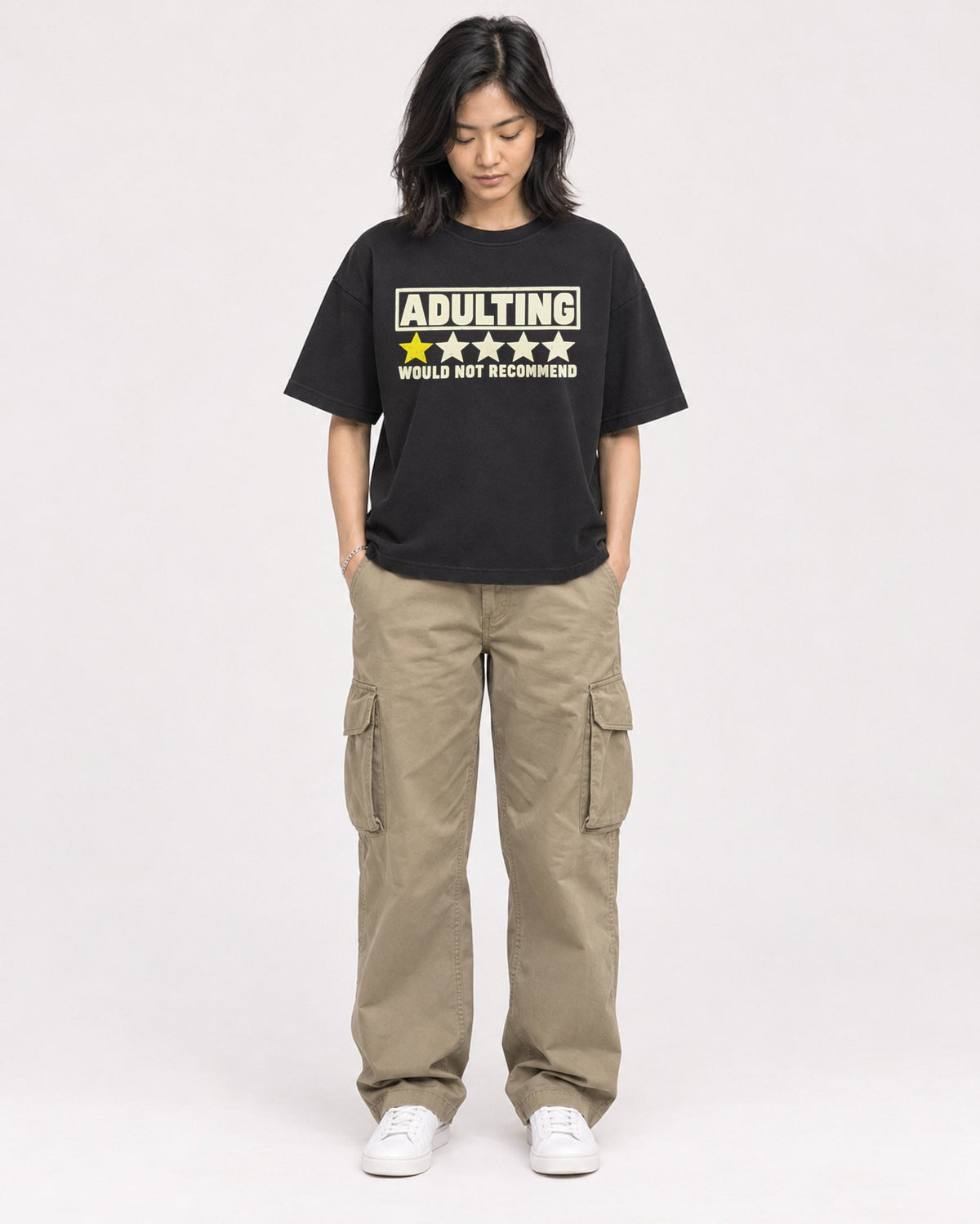 Mockup Boxy Heavyweight Tee Black female full-body 22