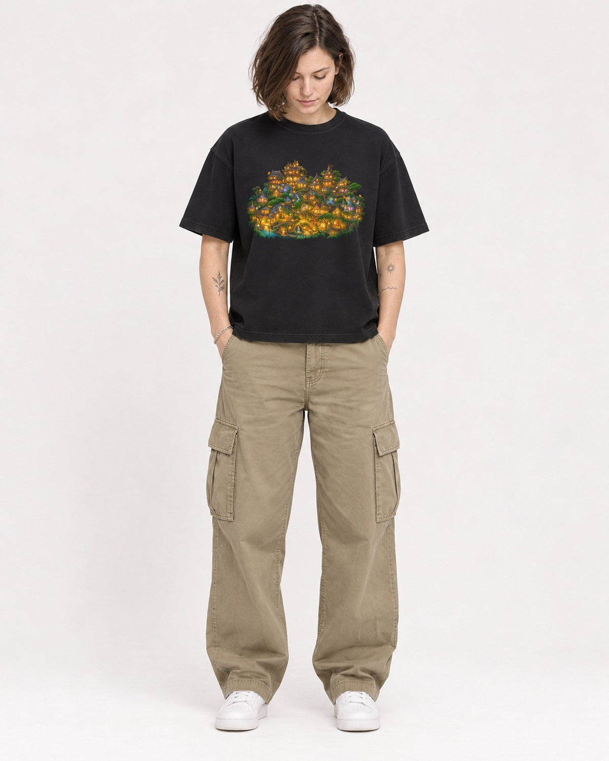 Mockup Boxy Heavyweight Tee Black female full-body 18