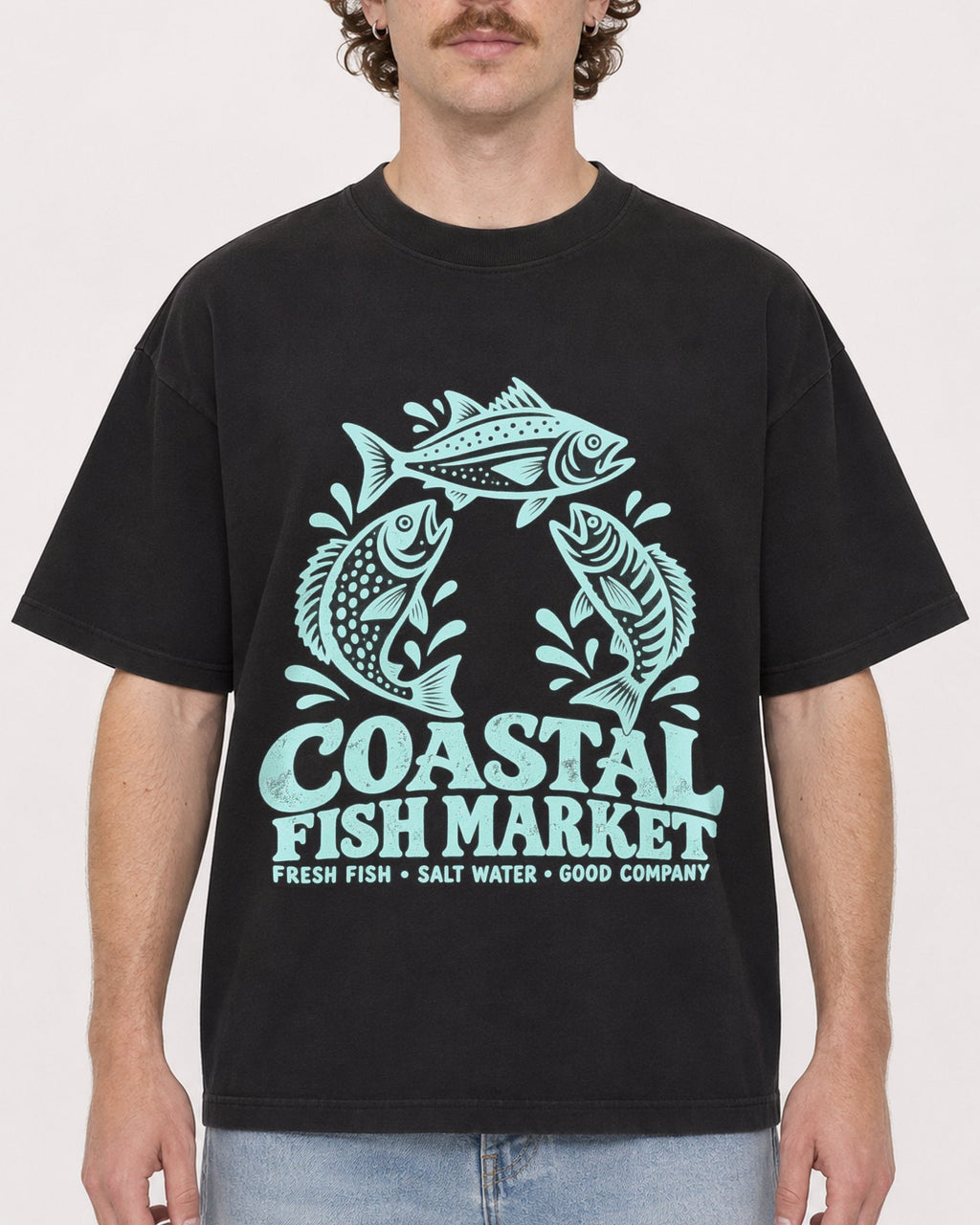 Mockup Boxy Heavyweight Tee Black male close-up 09
