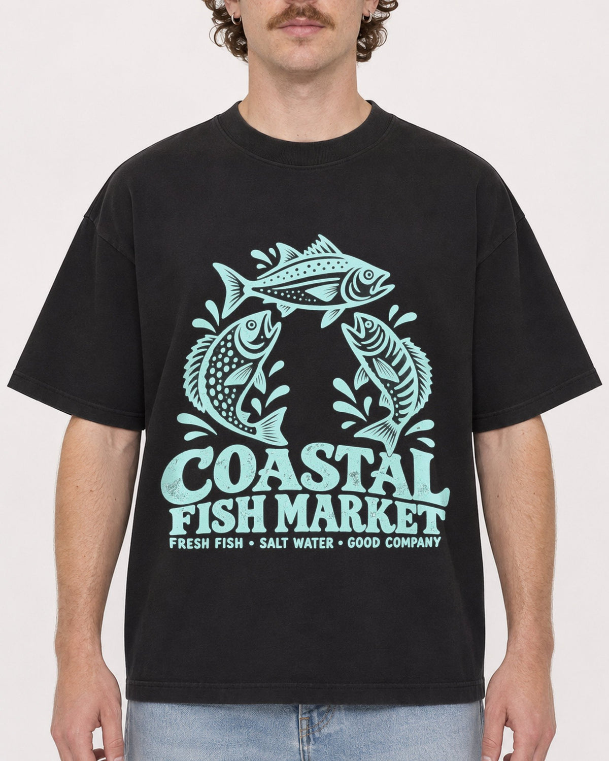 Mockup Boxy Heavyweight Tee Black male close-up 09