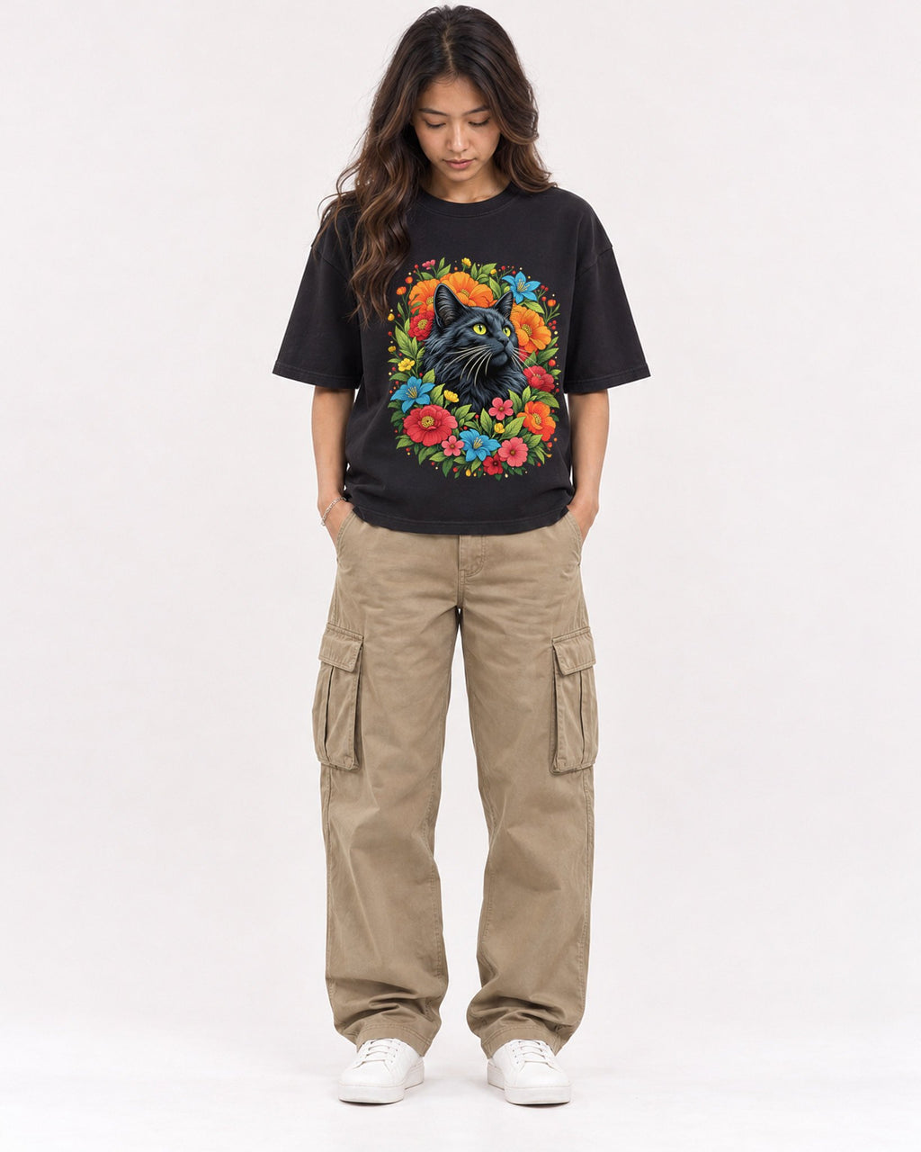 Mockup Boxy Heavyweight Tee Black female full-body 02