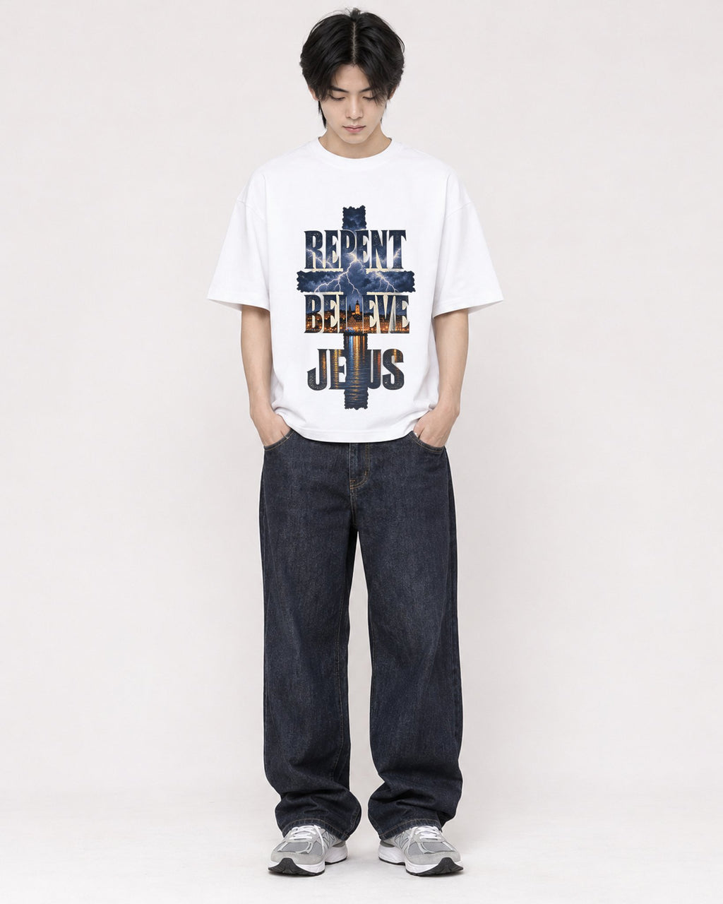 Mockup Boxy Heavyweight Tee White male full-body 11