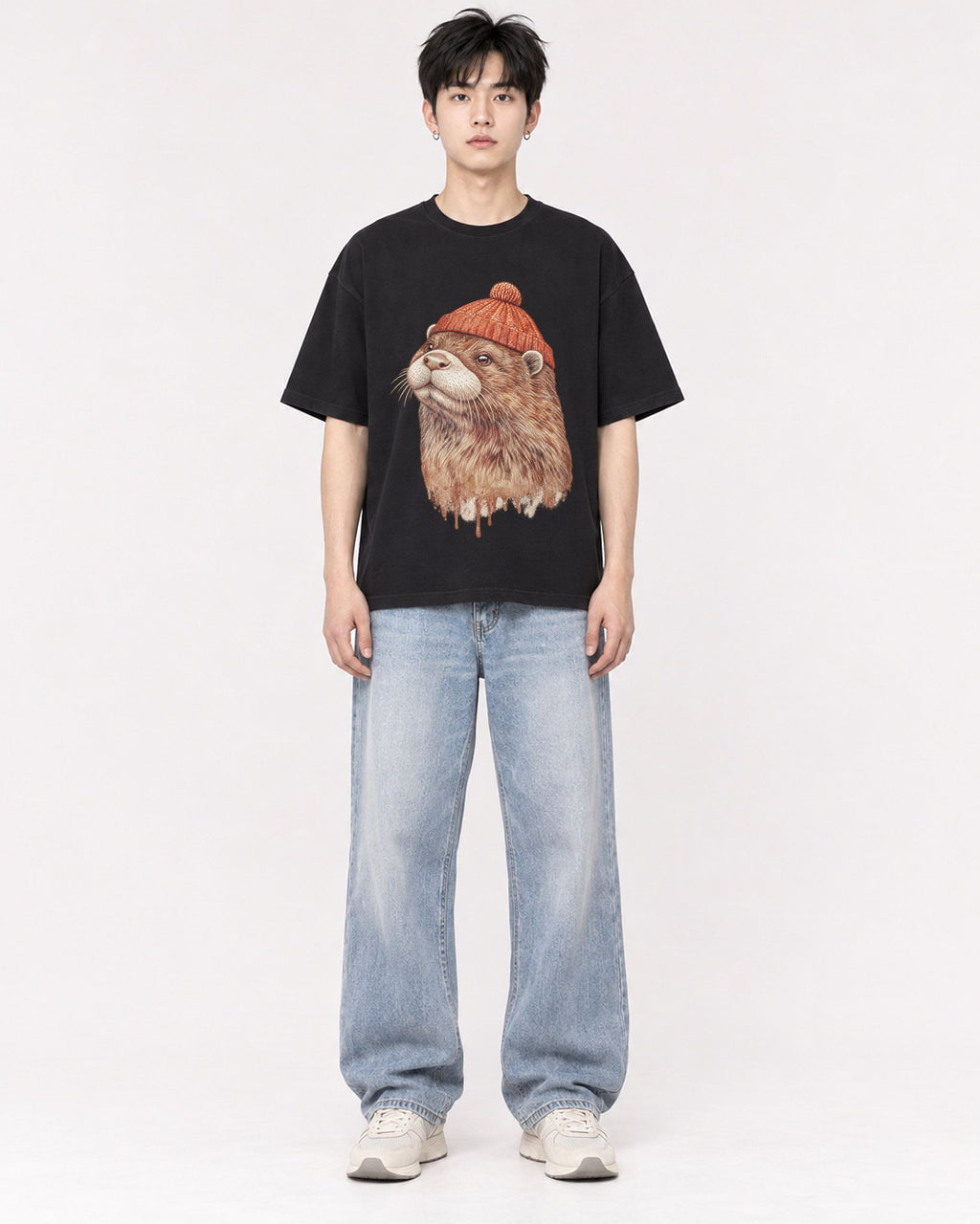 Mockup Boxy Heavyweight Tee Black male full-body 01