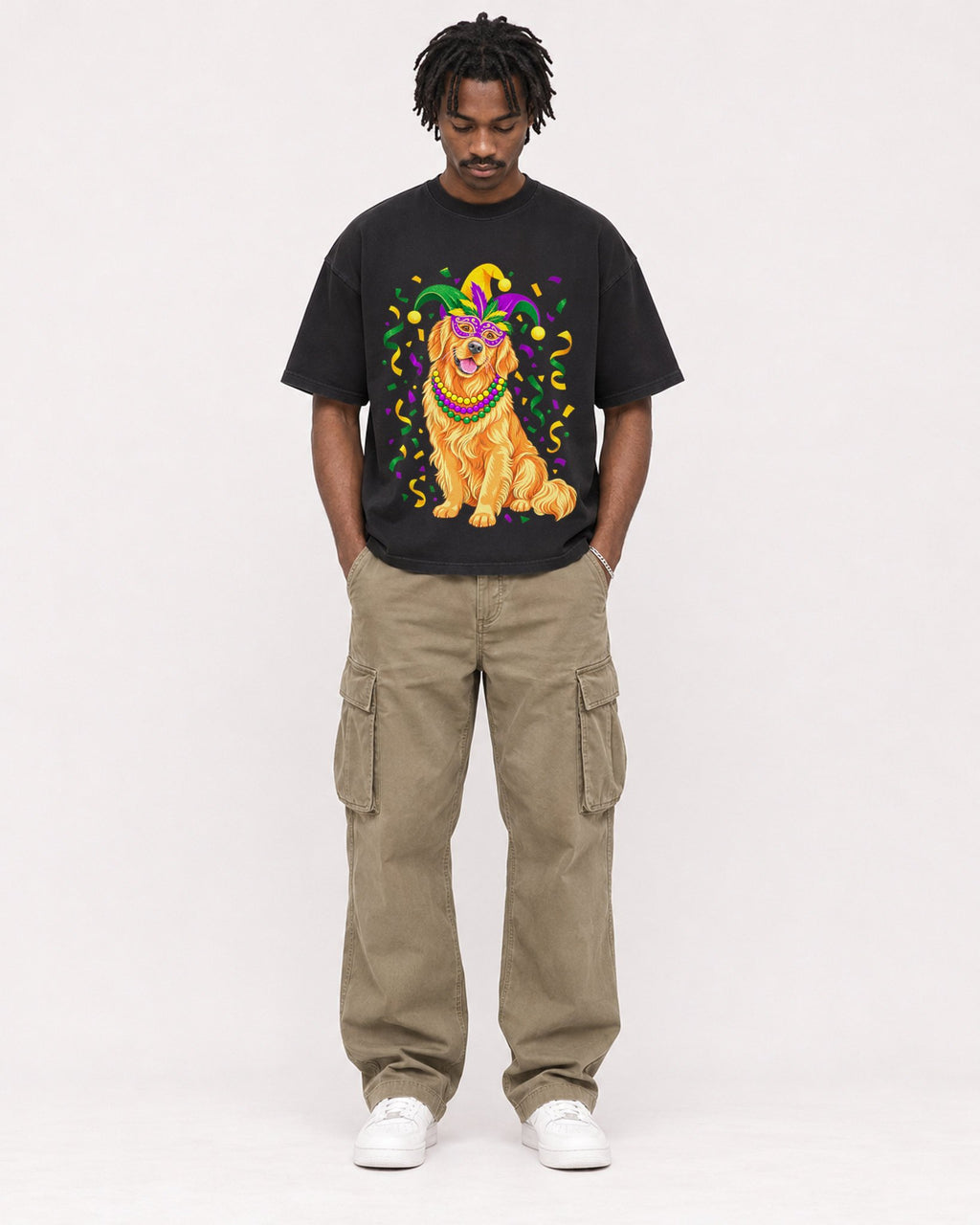 Mockup Boxy Heavyweight Tee Black male full-body 04