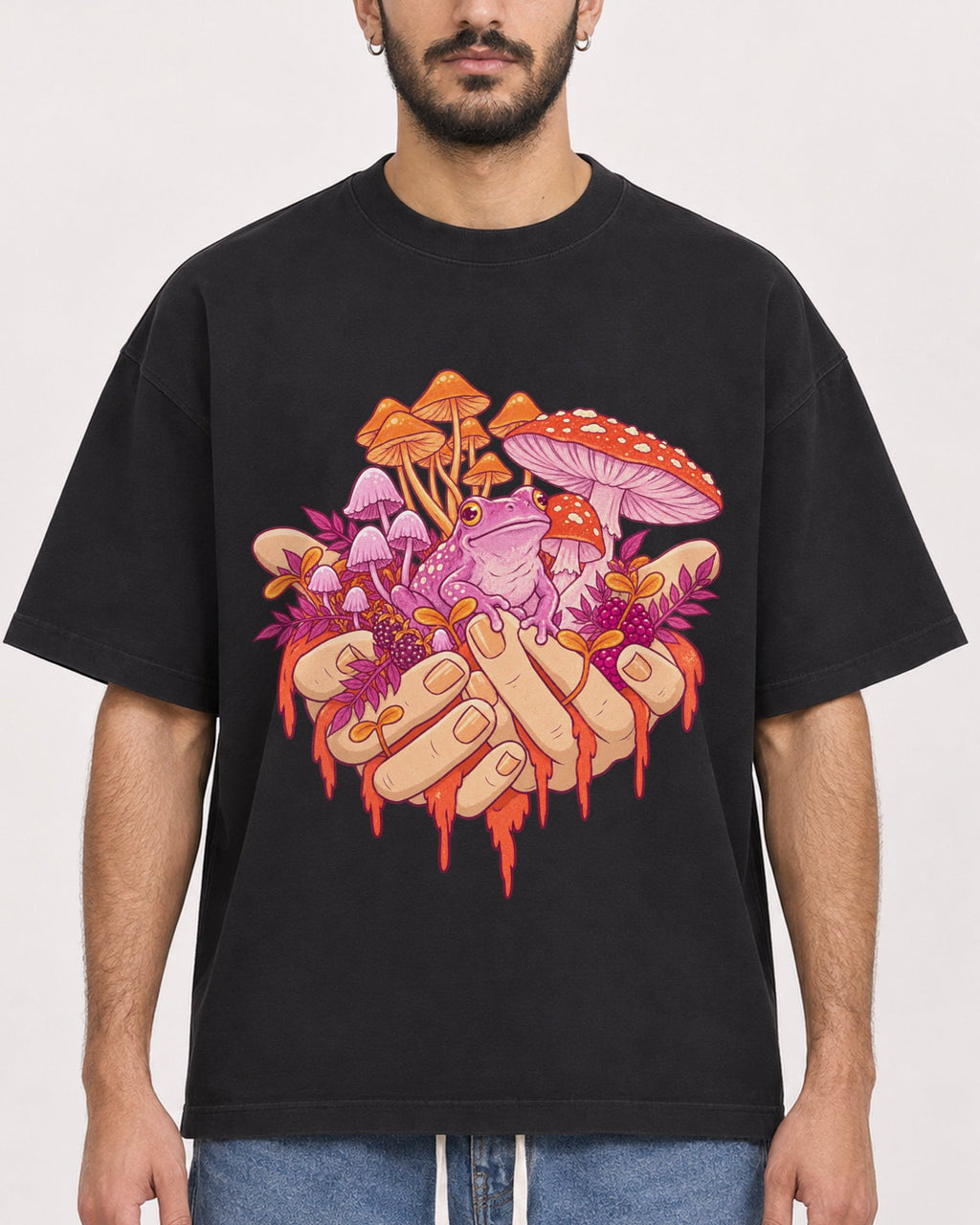 Mockup Boxy Heavyweight Tee Black male close-up 07