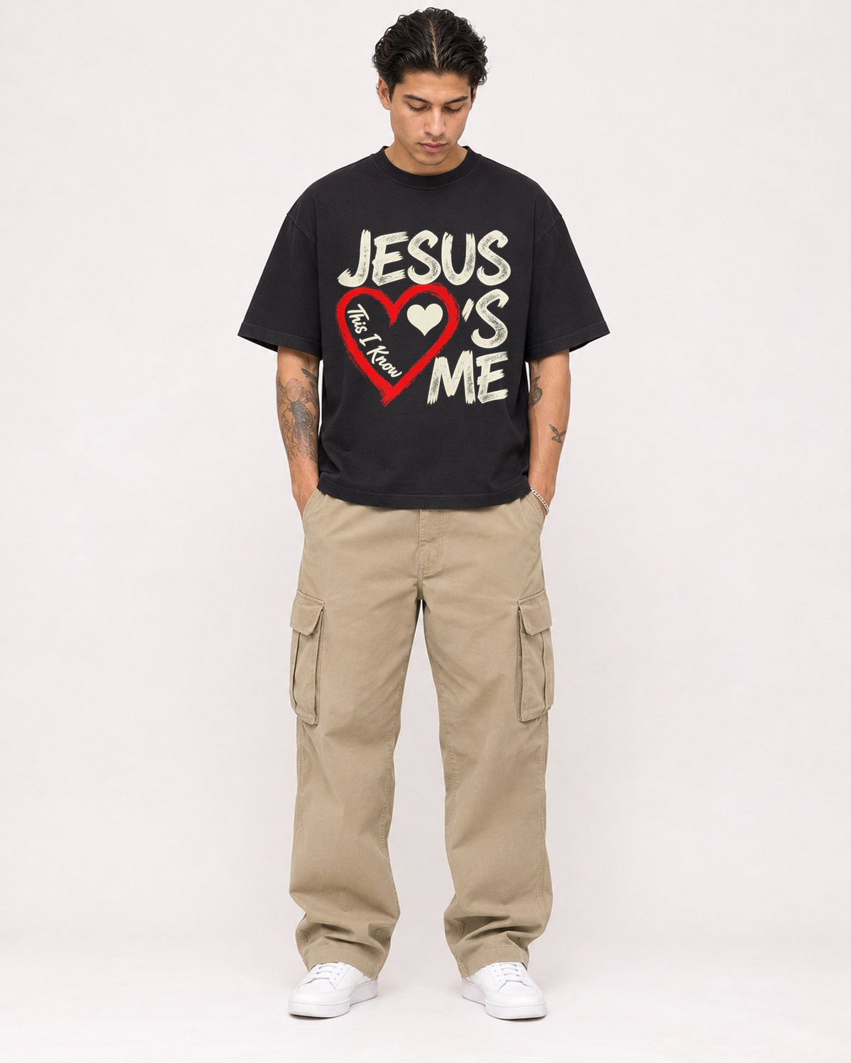 Mockup Boxy Heavyweight Tee Black male full-body 36