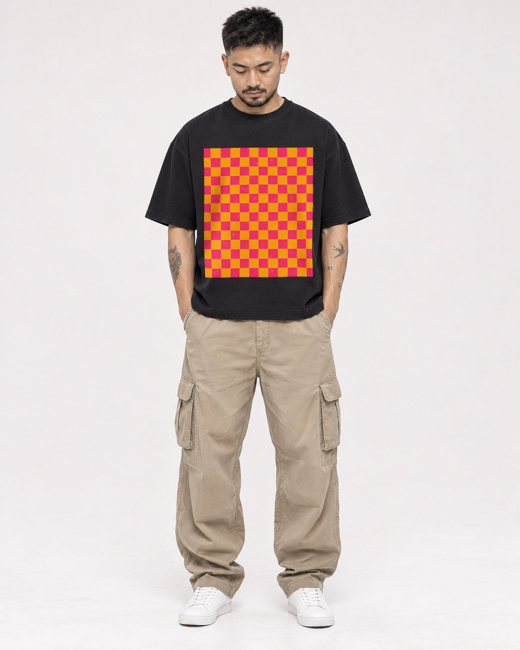 Mockup Boxy Heavyweight Tee Black male full-body 12