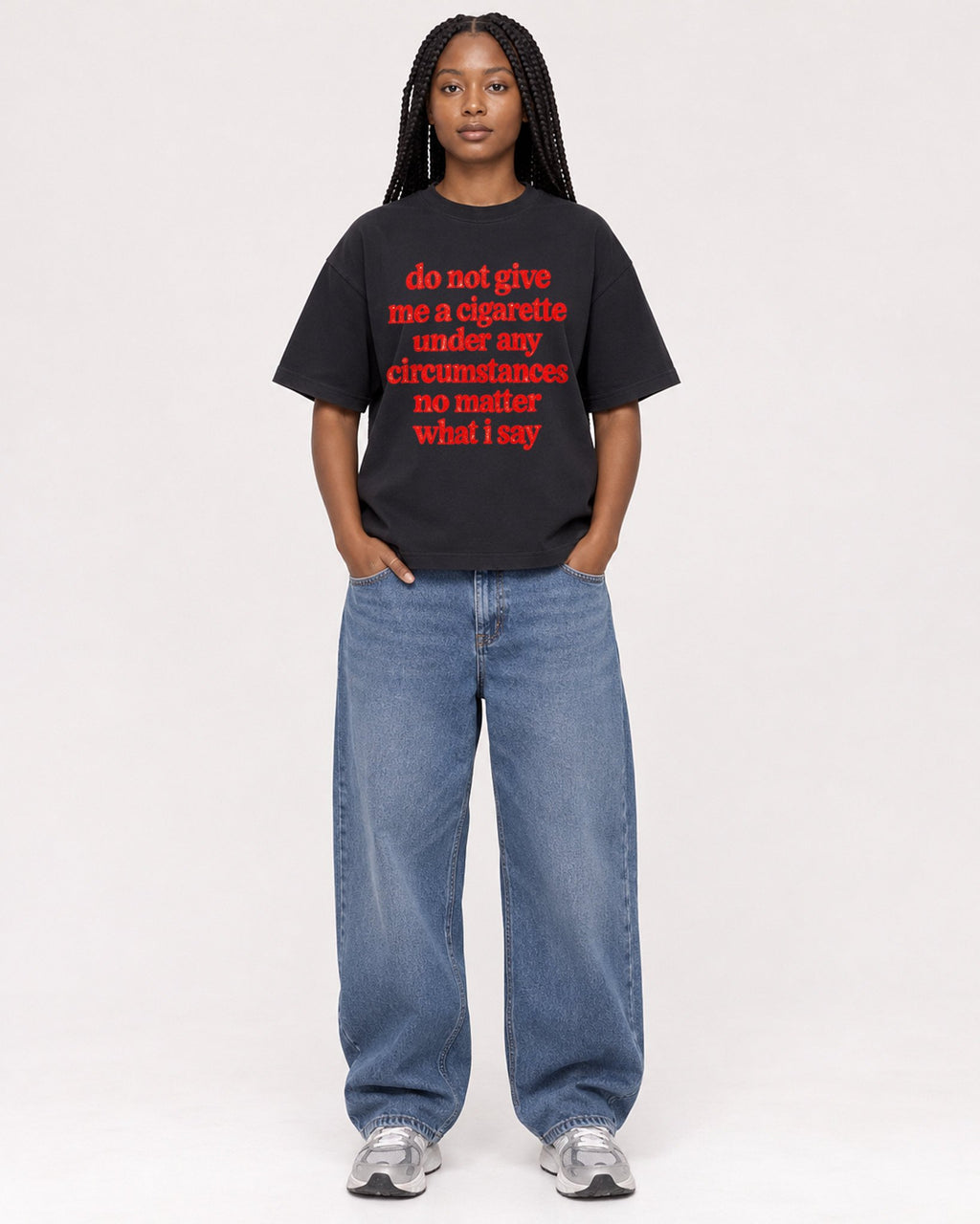 Mockup Boxy Heavyweight Tee Black female full-body 04