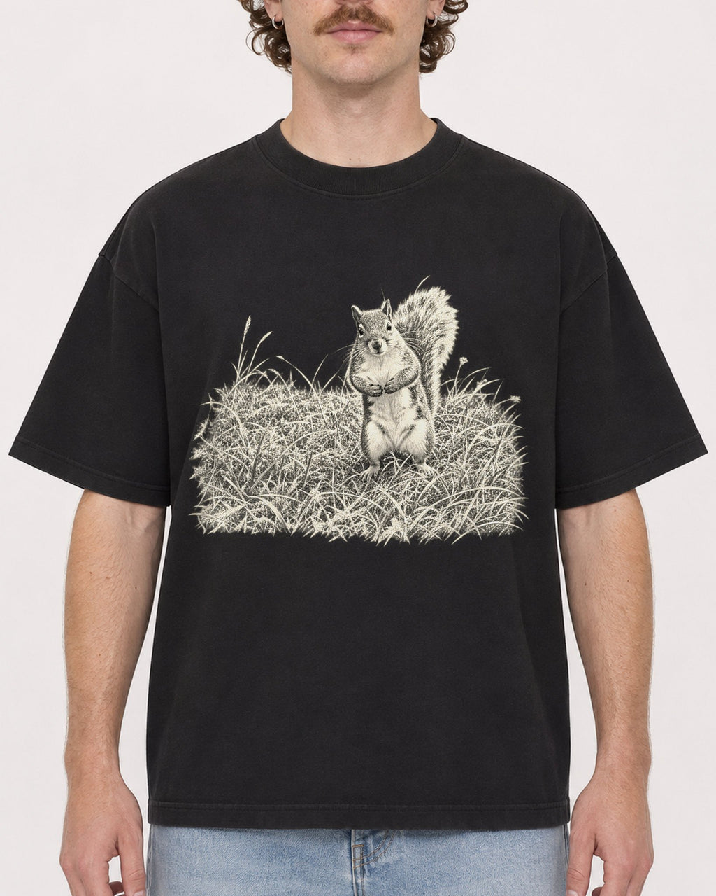 Mockup Boxy Heavyweight Tee Black male close-up 09