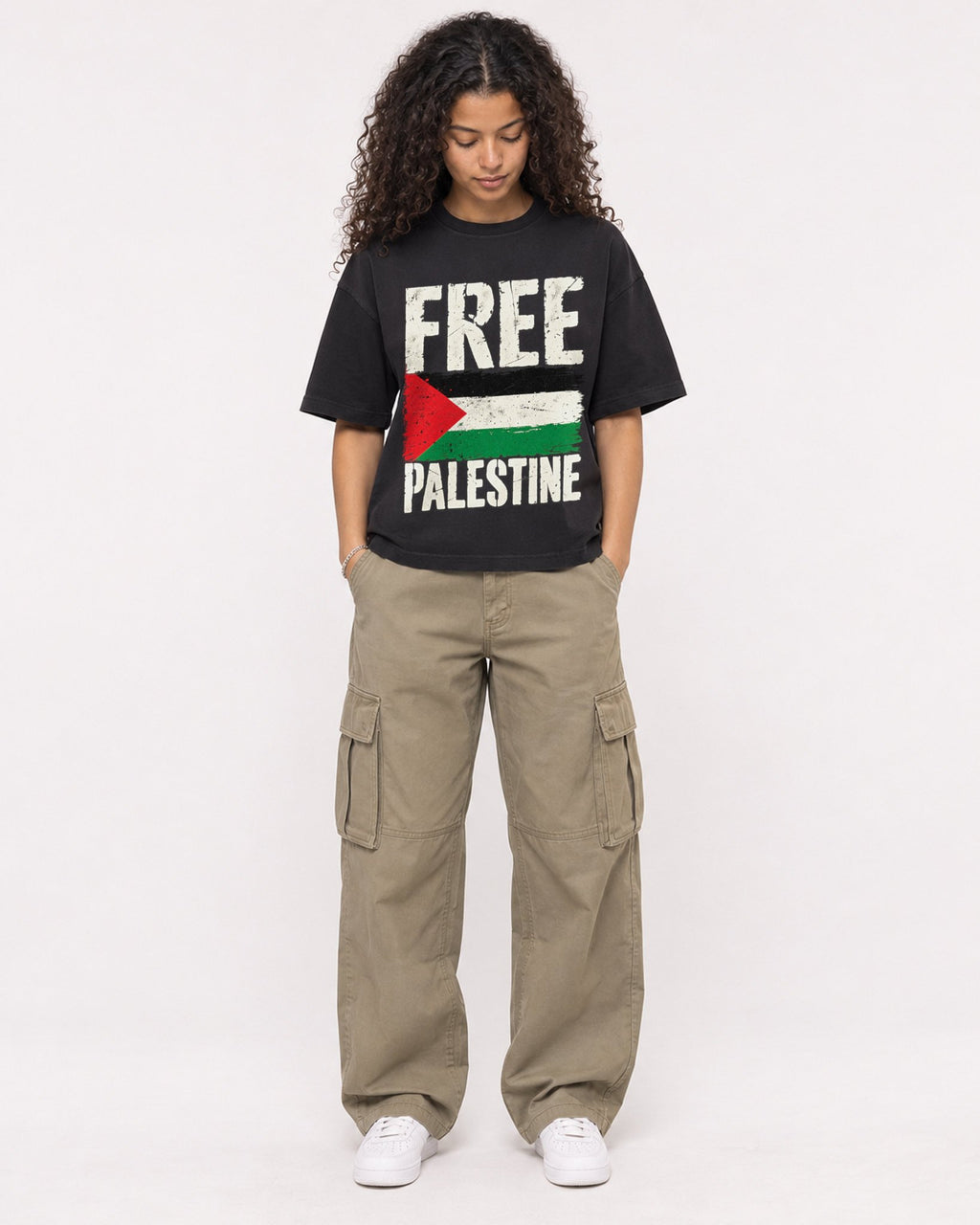 Mockup Boxy Heavyweight Tee Black female full-body 10