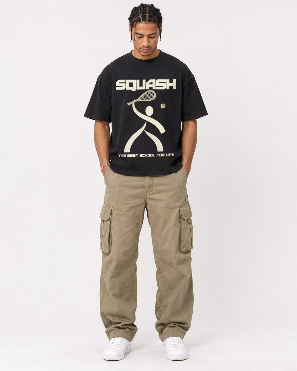 Mockup Boxy Heavyweight Tee Black male full-body 40