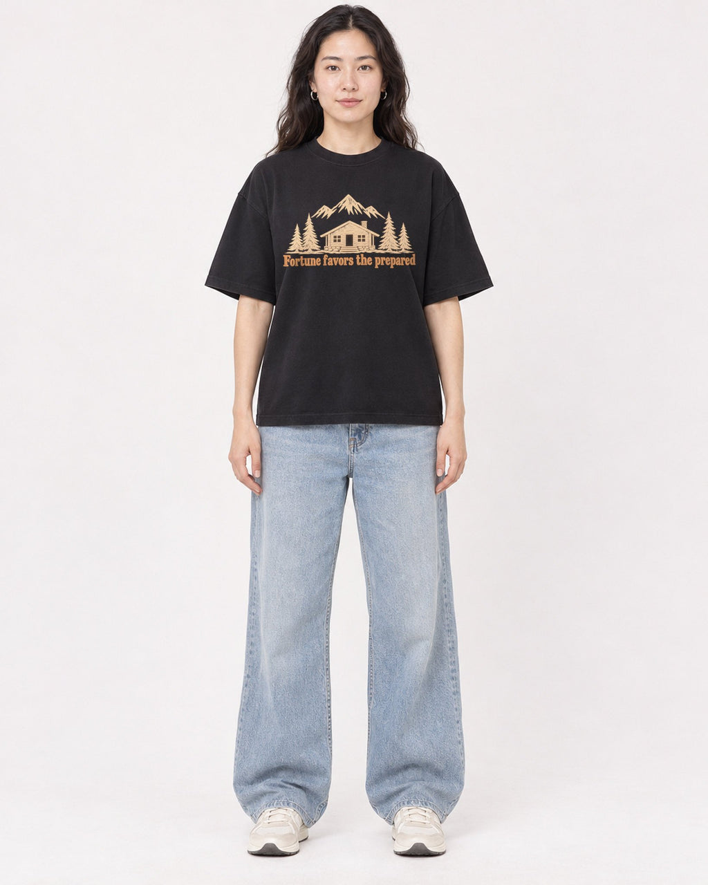 Mockup Boxy Heavyweight Tee Black female full-body 03
