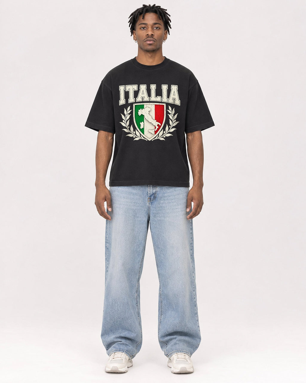 Mockup Boxy Heavyweight Tee Black male full-body 05