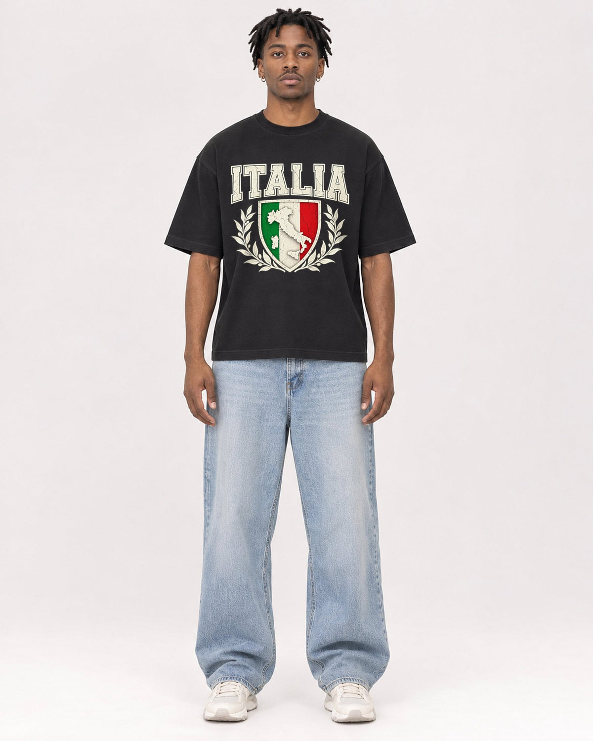 Mockup Boxy Heavyweight Tee Black male full-body 05