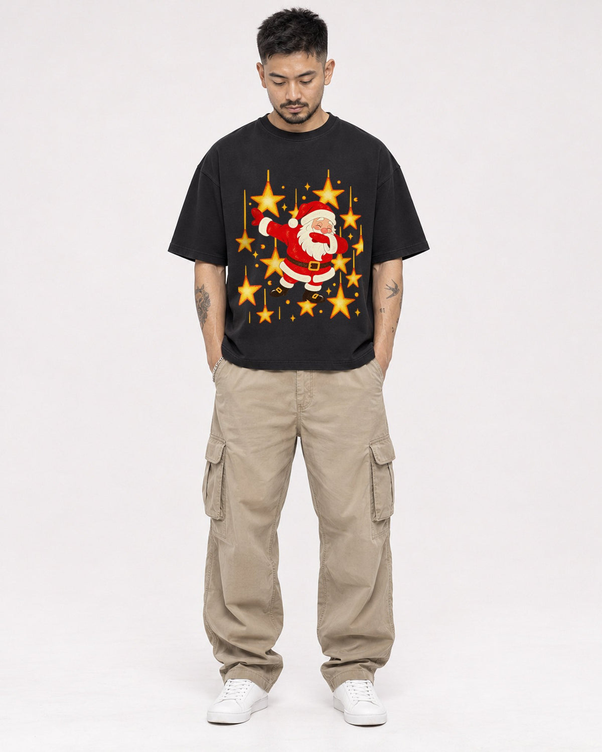 Mockup Boxy Heavyweight Tee Black male full-body 12