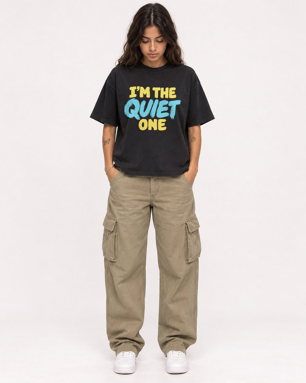 Mockup Boxy Heavyweight Tee Black female full-body 06