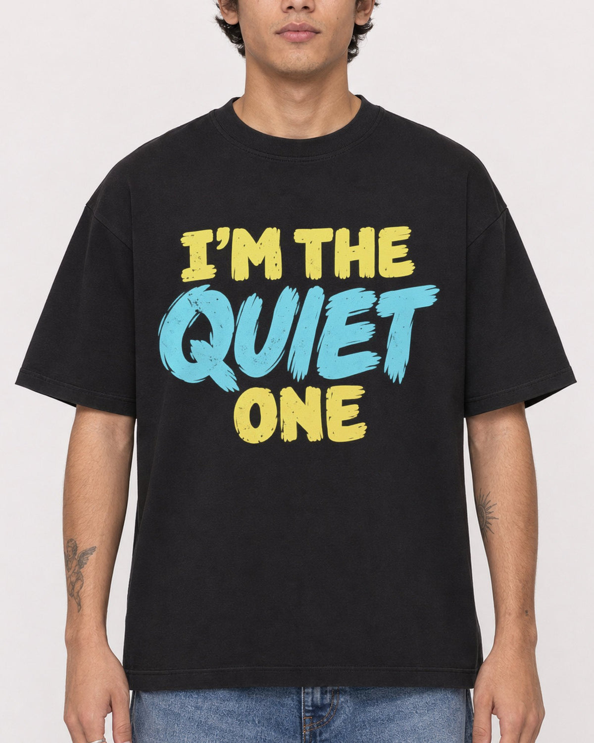 Mockup Boxy Heavyweight Tee Black male close-up 06