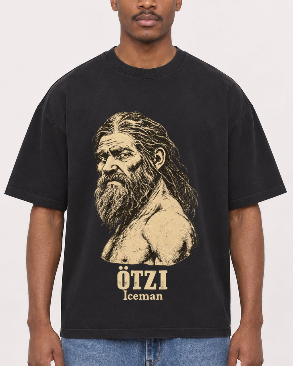 Mockup Boxy Heavyweight Tee Black male close-up 14