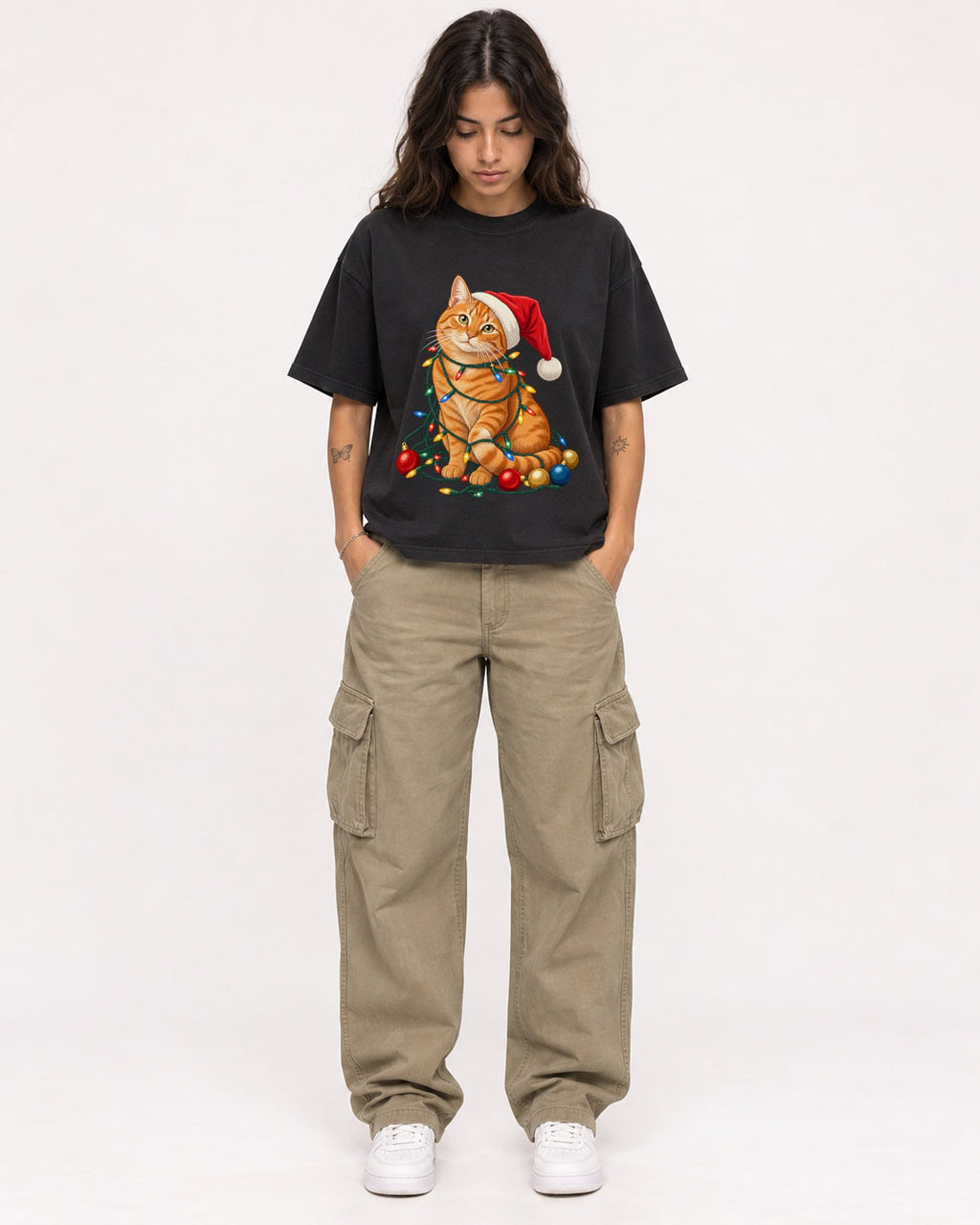 Mockup Boxy Heavyweight Tee Black female full-body 06