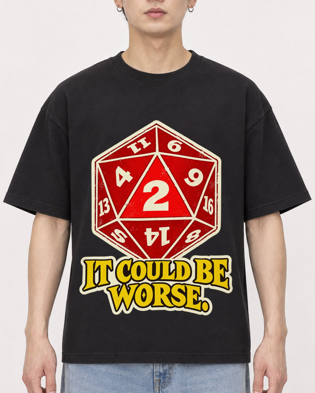 Mockup Boxy Heavyweight Tee Black male close-up 01