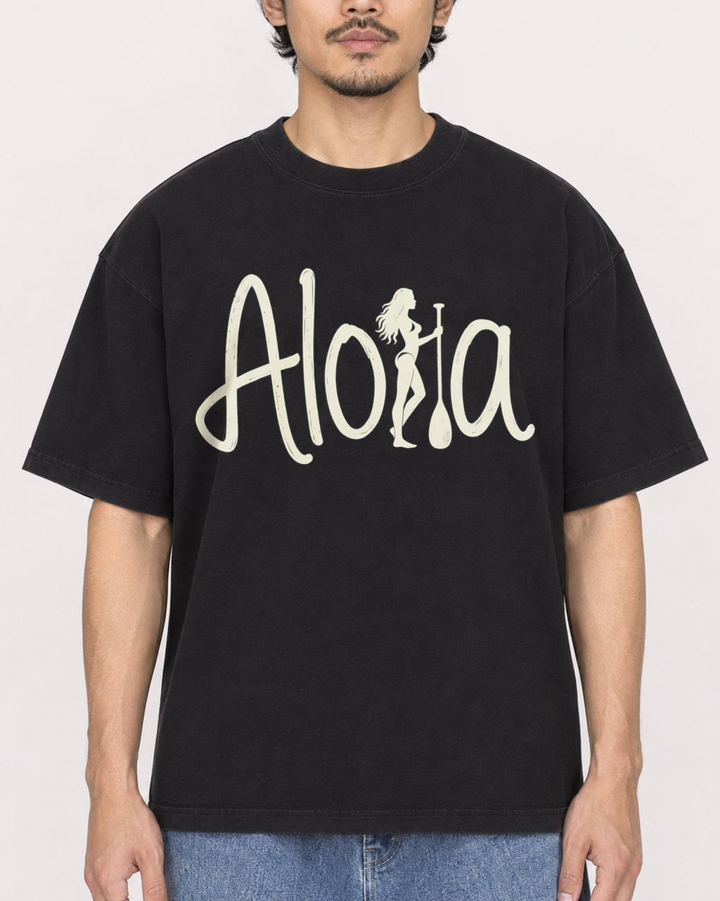 Mockup Boxy Heavyweight Tee Black male close-up 02