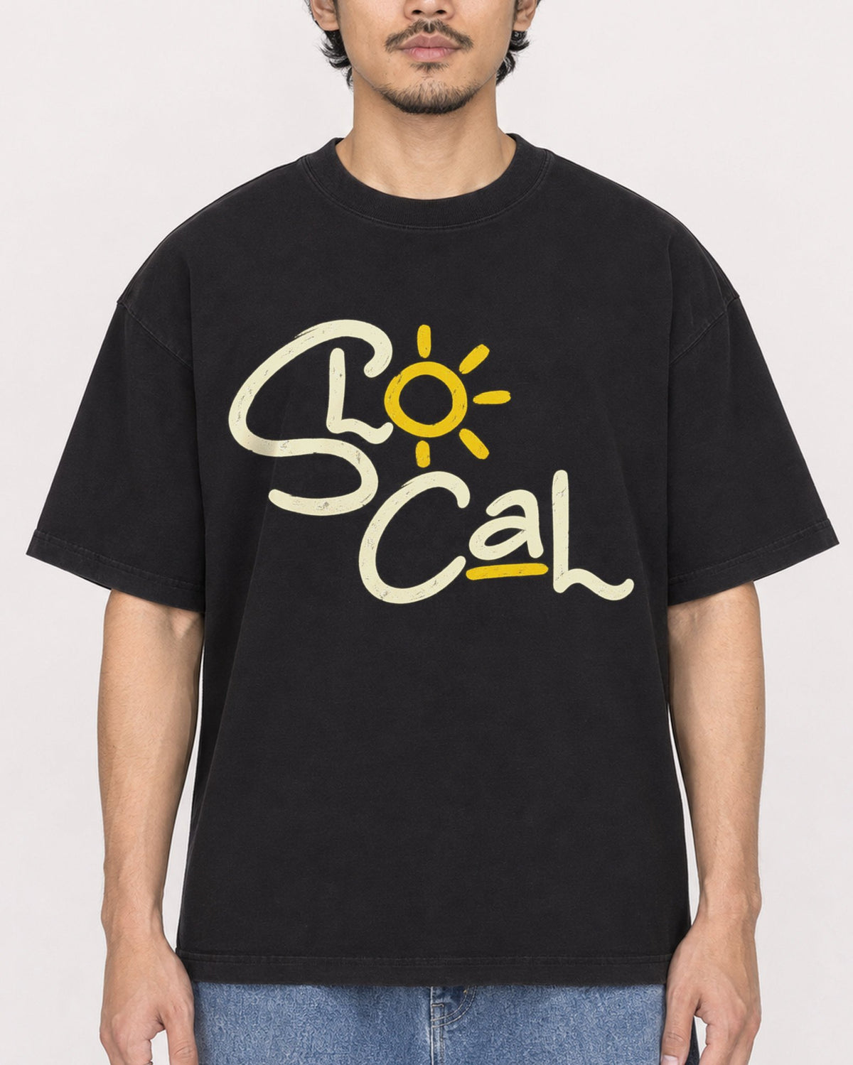 Mockup Boxy Heavyweight Tee Black male close-up 02