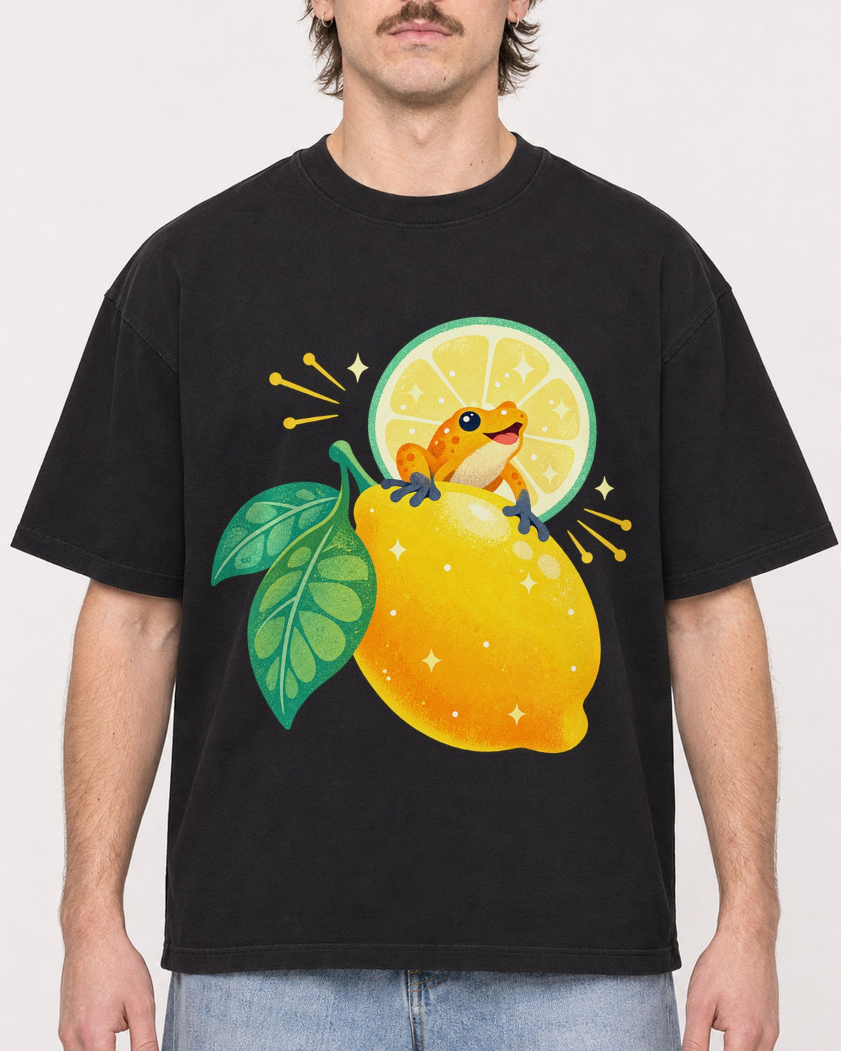 Mockup Boxy Heavyweight Tee Black male close-up 29