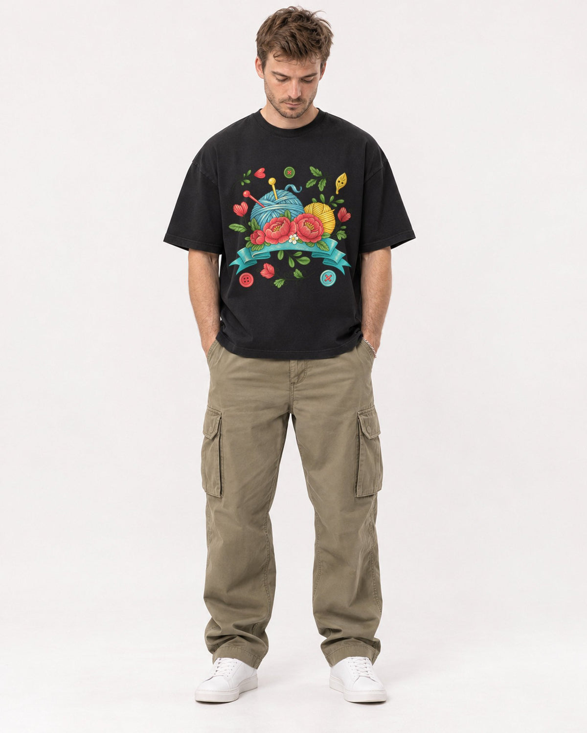 Mockup Boxy Heavyweight Tee Black male full-body 08