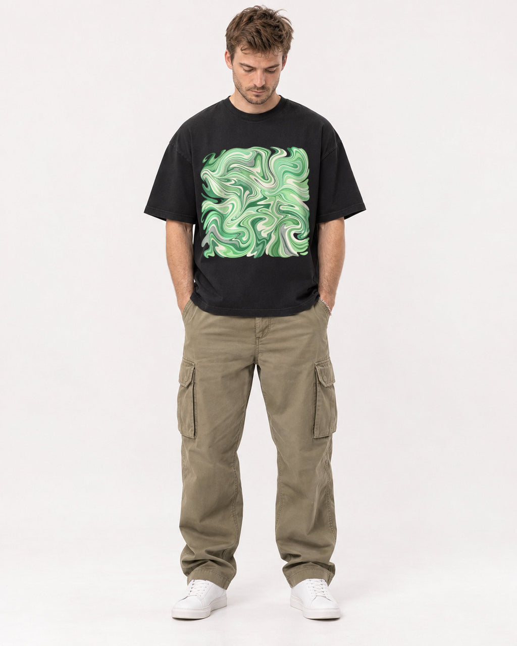 Mockup Boxy Heavyweight Tee Black male full-body 08