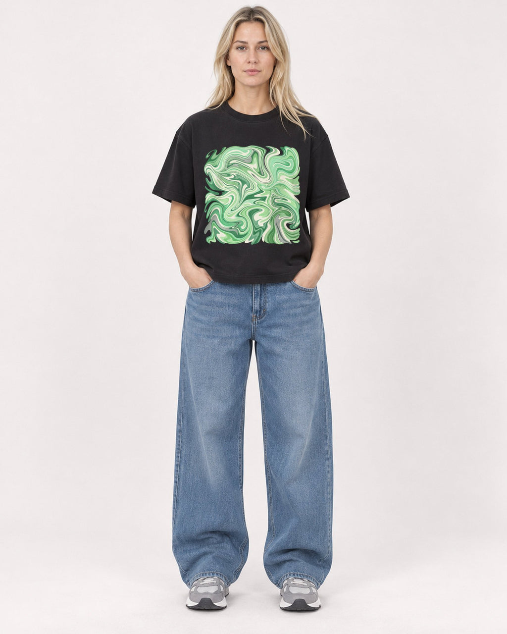 Mockup Boxy Heavyweight Tee Black female full-body 08