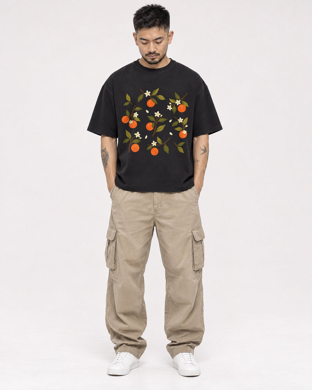 Mockup Boxy Heavyweight Tee Black male full-body 12