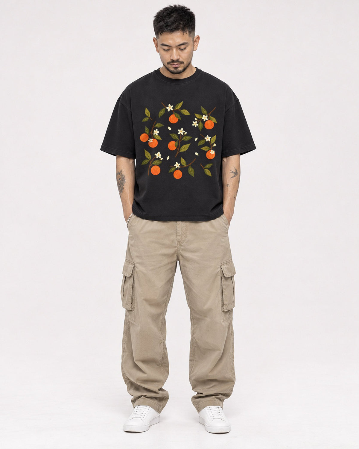 Mockup Boxy Heavyweight Tee Black male full-body 12