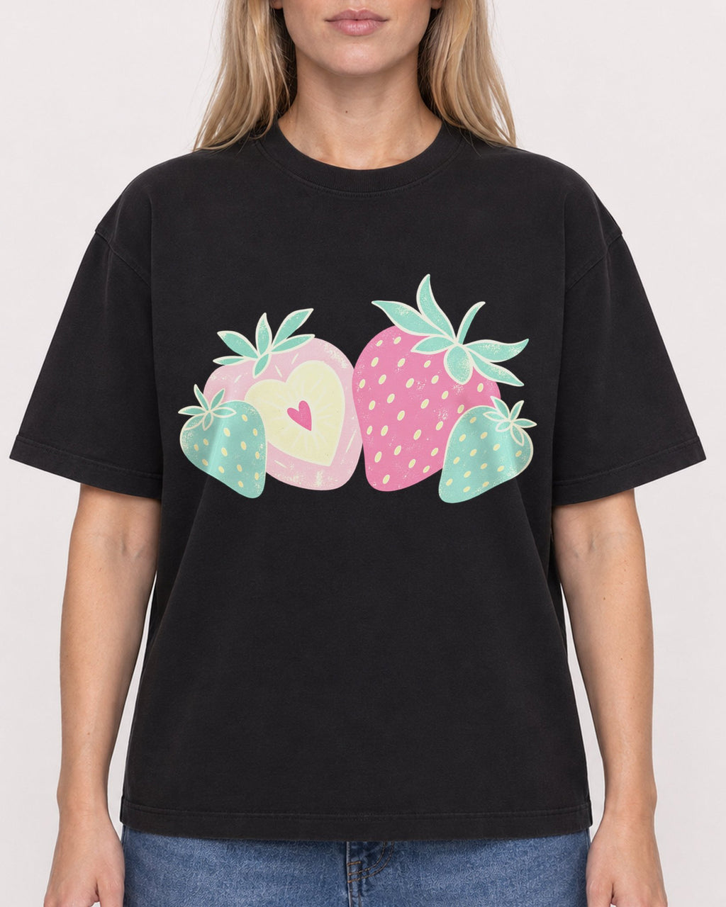 Mockup Boxy Heavyweight Tee Black female close-up 08