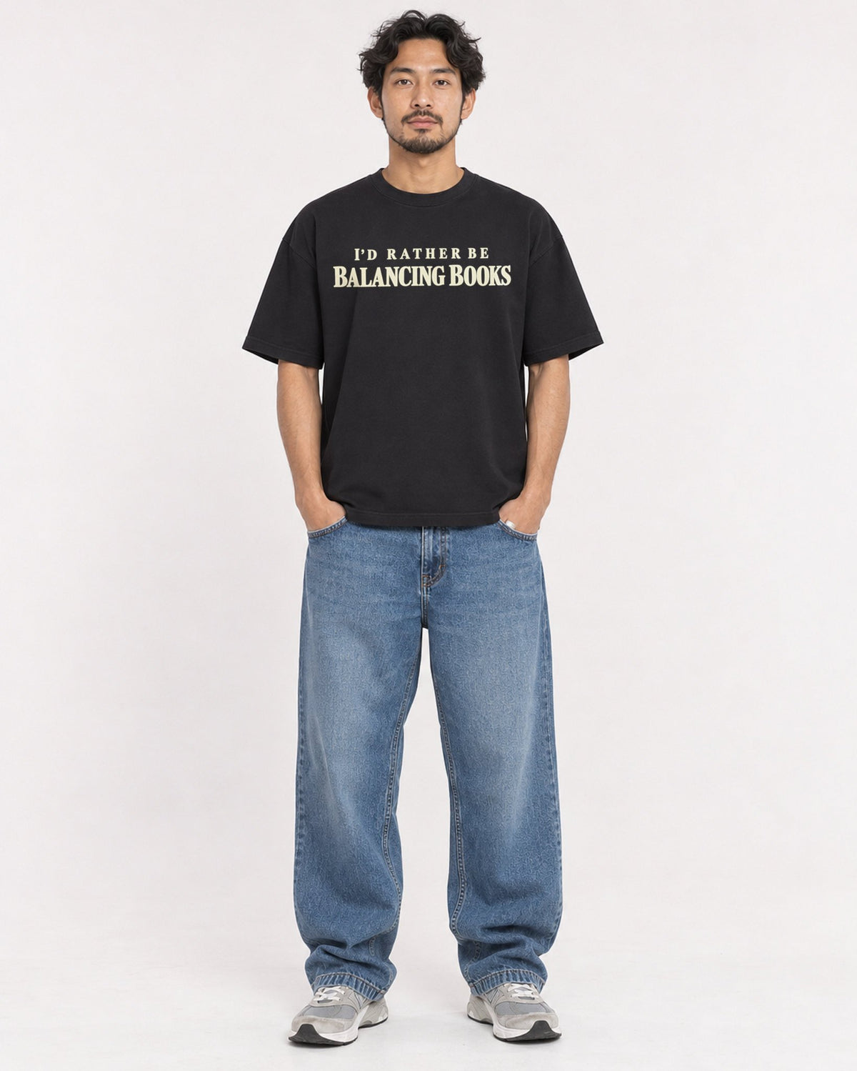 Mockup Boxy Heavyweight Tee Black male full-body 02