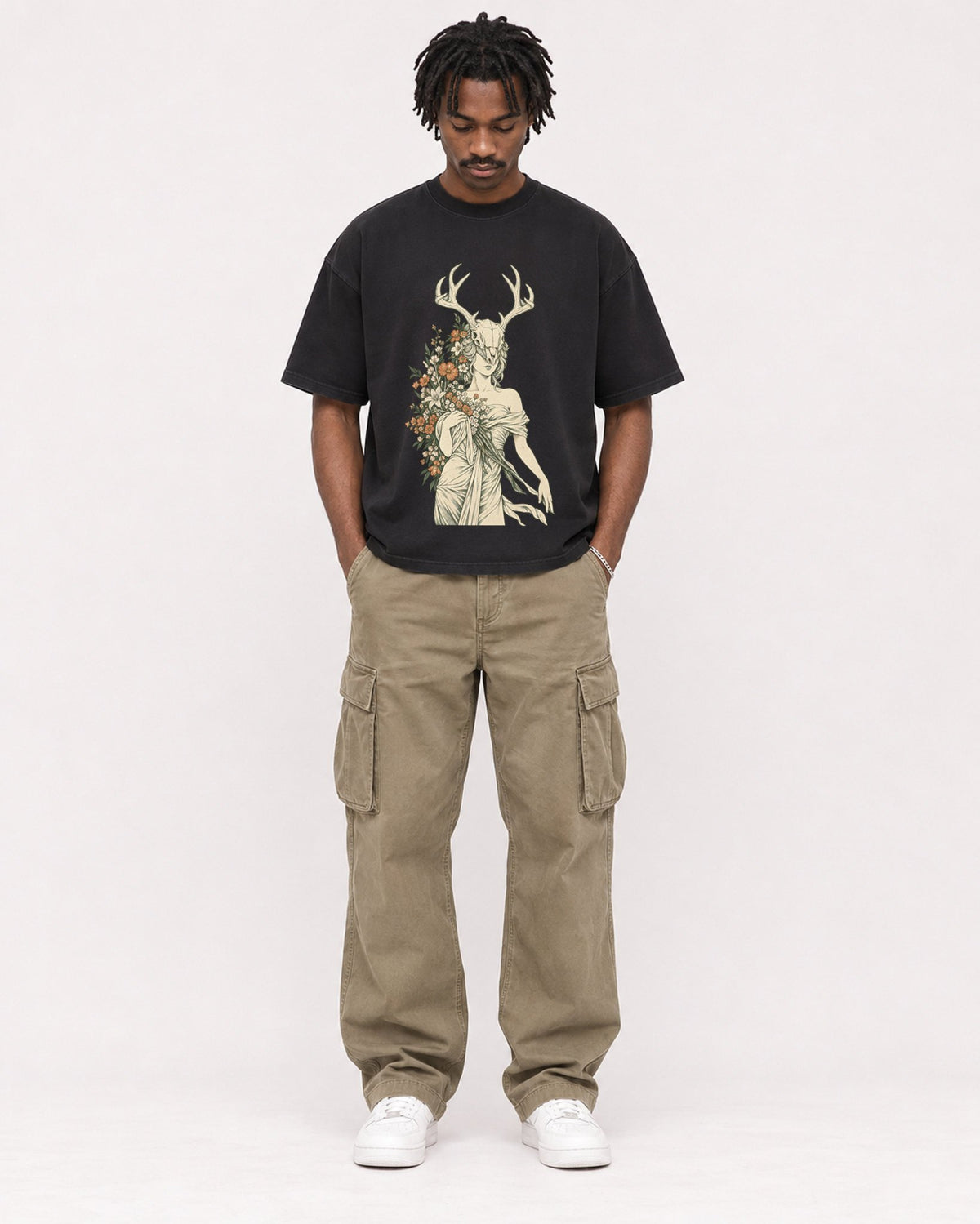 Mockup Boxy Heavyweight Tee Black male full-body 04