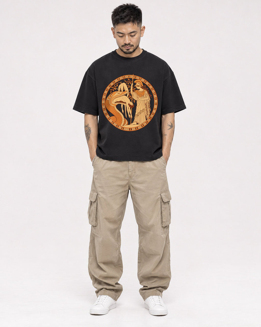 Mockup Boxy Heavyweight Tee Black male full-body 12