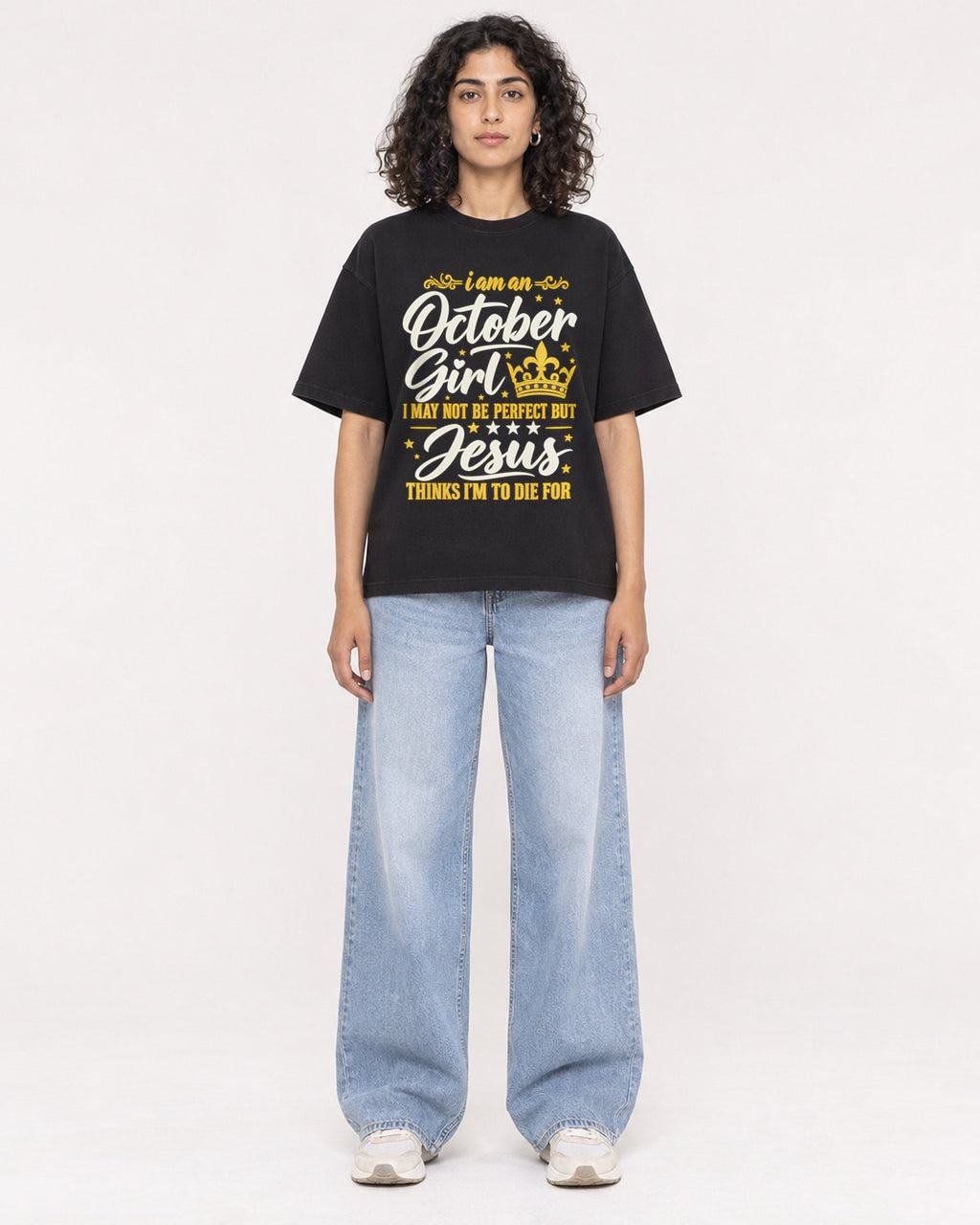 Mockup Boxy Heavyweight Tee Black female full-body 27