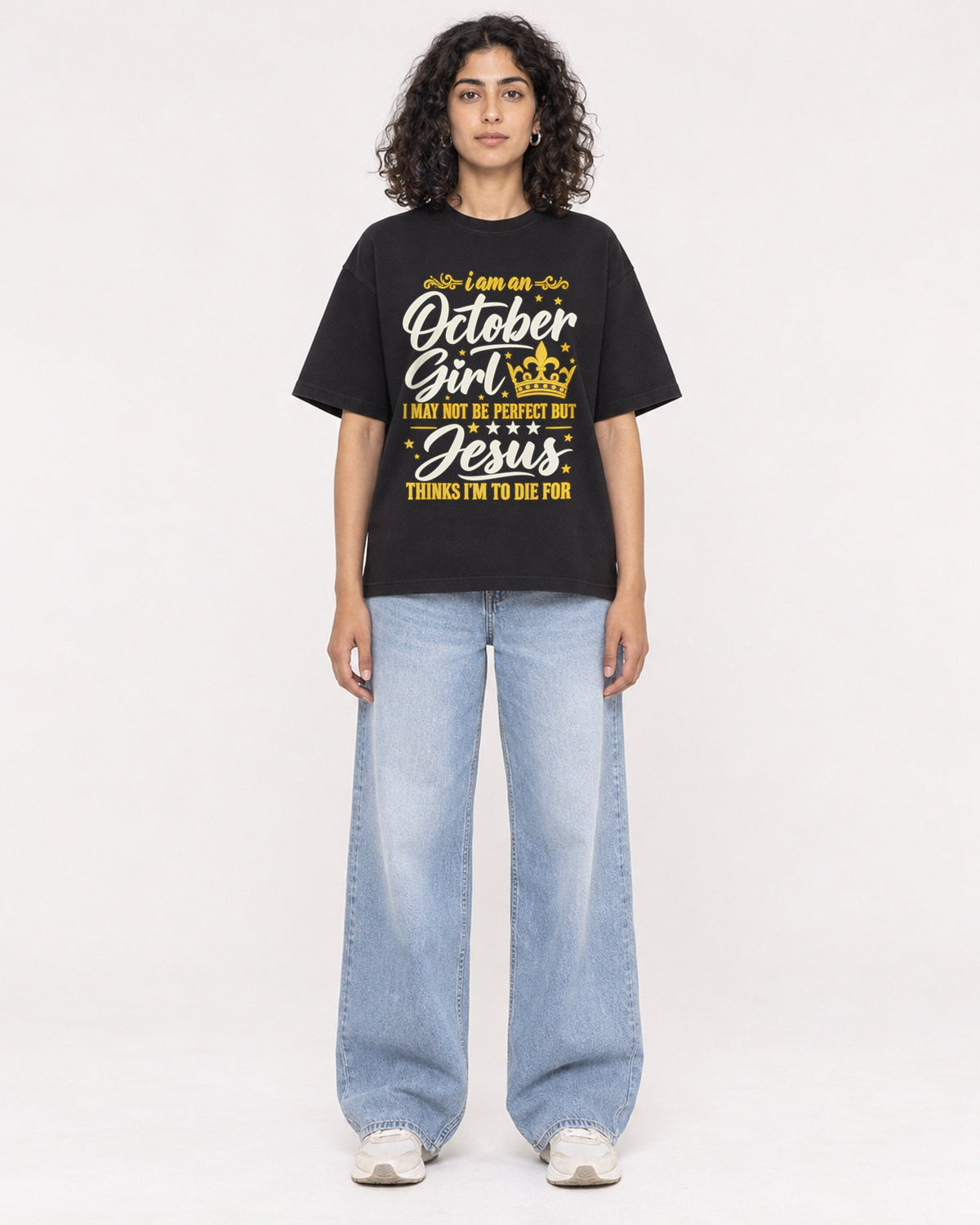 Mockup Boxy Heavyweight Tee Black female full-body 27