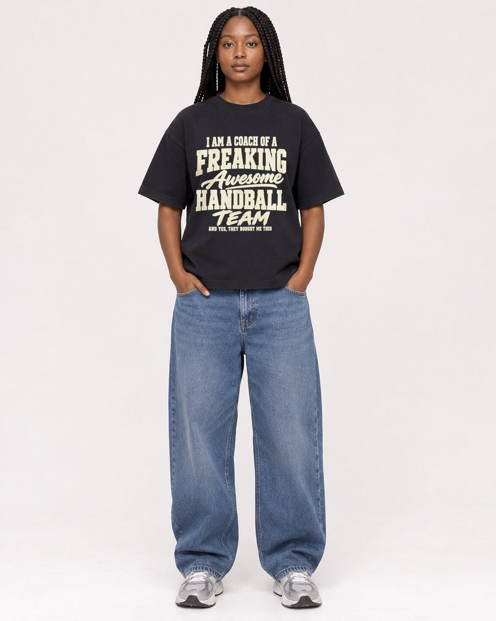 Mockup Boxy Heavyweight Tee Black female full-body 04